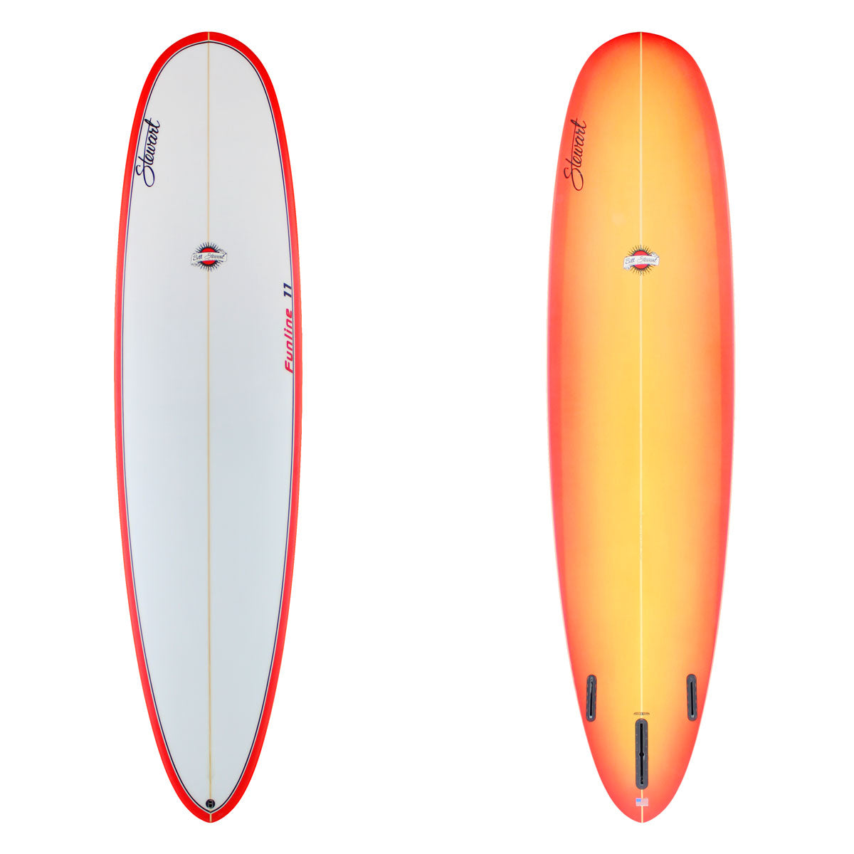 Stewart Mid-Length 8'0" Funline 11 (8'0", 23", 3") B#129767 with a red to orange fade on the bottom and rails