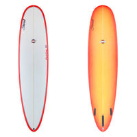 Stewart Mid-Length 8'0" Funline 11 (8'0", 23", 3") B#129767 with a red to orange fade on the bottom and rails