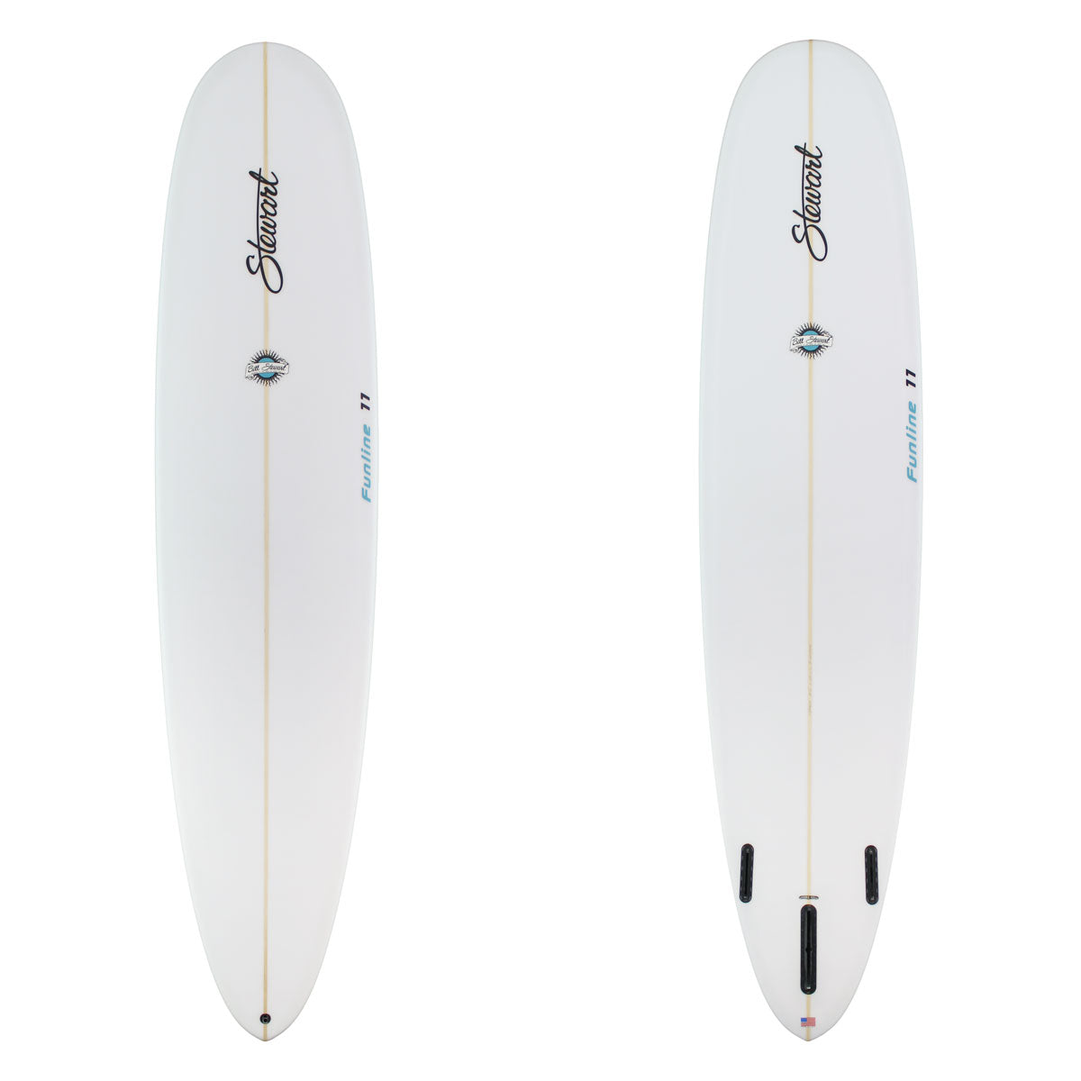 two images of a white surfboard with black and blue branding