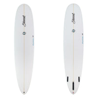 two images of a white surfboard with black and blue branding