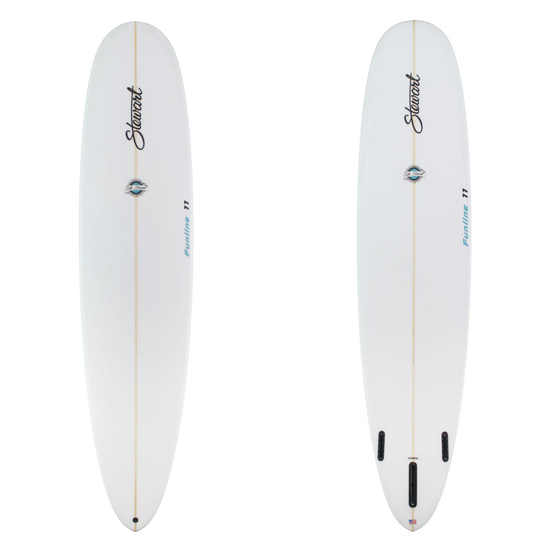 two images of a white surfboard with black and blue branding