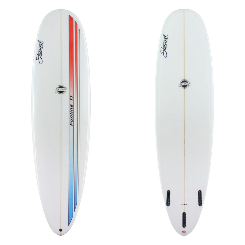 Stewart Mid-Length 7'0" Funline 11 (7'0", 22", 3") B#129879 Gloss & Polish with a red, white and blue racing stripe on the deck