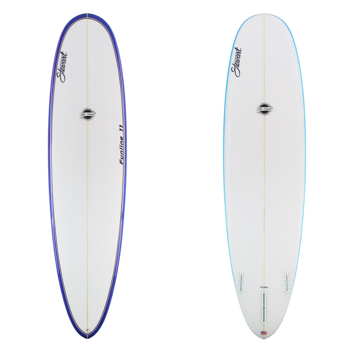 Deck and bottom of Glossed and Polished Funline 11 with purple rails on the deck and blue rails on the bottom 