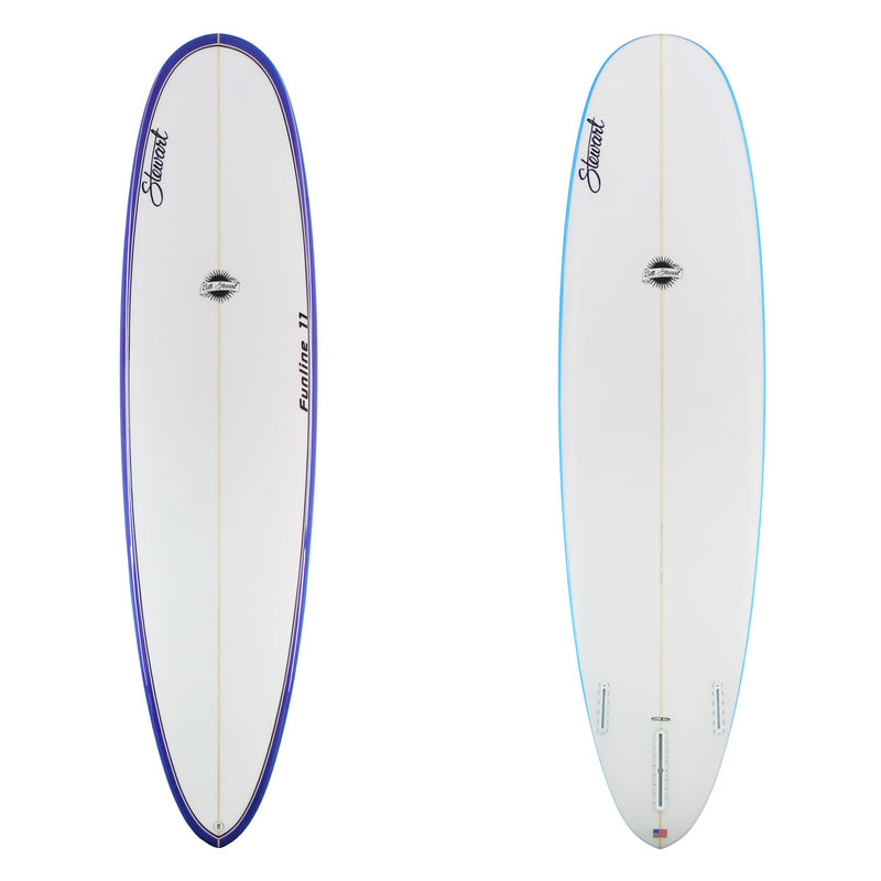 Deck and bottom of Glossed and Polished Funline 11 with purple rails on the deck and blue rails on the bottom 