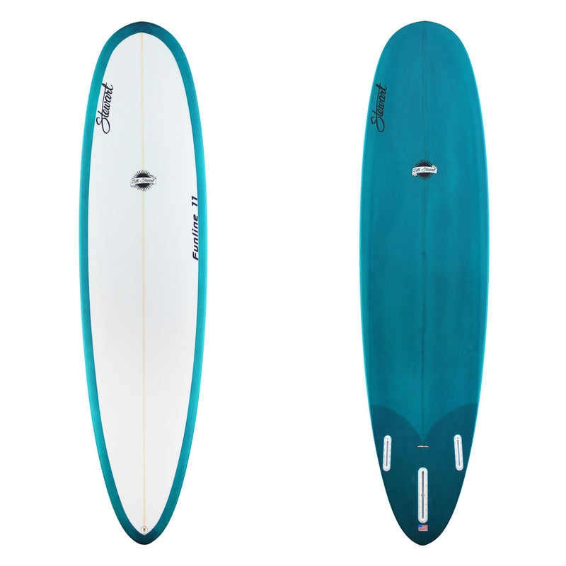 Stewart Mid-Length 7'6" Funline 11 (7'6", 22 1/2", 3") B#129884 with a teal resin tint on the bottom and rails