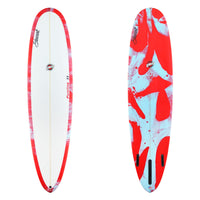 Front and back views of a surfboard on a plain white background. The board has a white base with a red border and red abstract graphic pattern on the underside, plus black foot straps on the back.