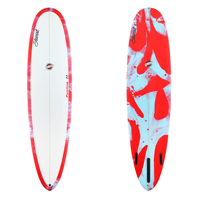Front and back views of a surfboard on a plain white background. The board has a white base with a red border and red abstract graphic pattern on the underside, plus black foot straps on the back.