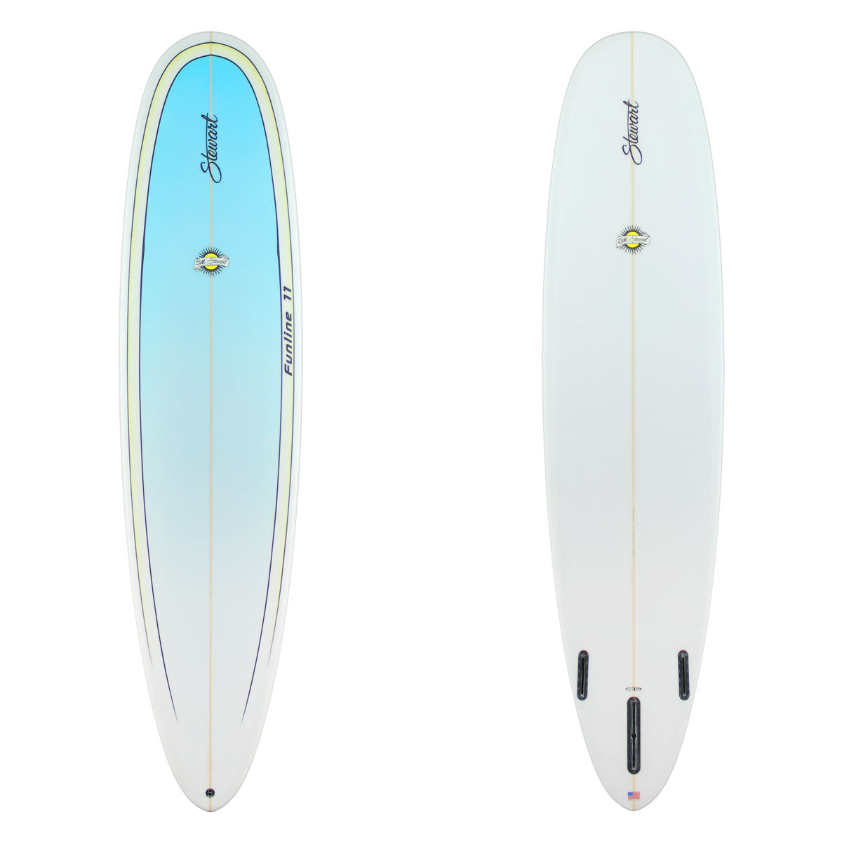 Stewart Mid-Length 8'0" Funline 11 (8'0", 23", 3") B#129920 with a blue panel surrounded by a yellow outline on the deck