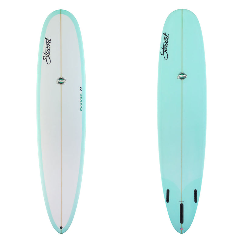 Deck and bottom view of a Stewart Funline 11 with light blue rails and a light blue painted bottom. 