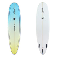 Stewart Midlength 7'0" Funline 11 (7'0", 22", 3") B#130100 Clear bottom with yellow to blue fade on deck. Black pinlines. Black Stewart and Bill Stewart Sun Logo. Sand Only.