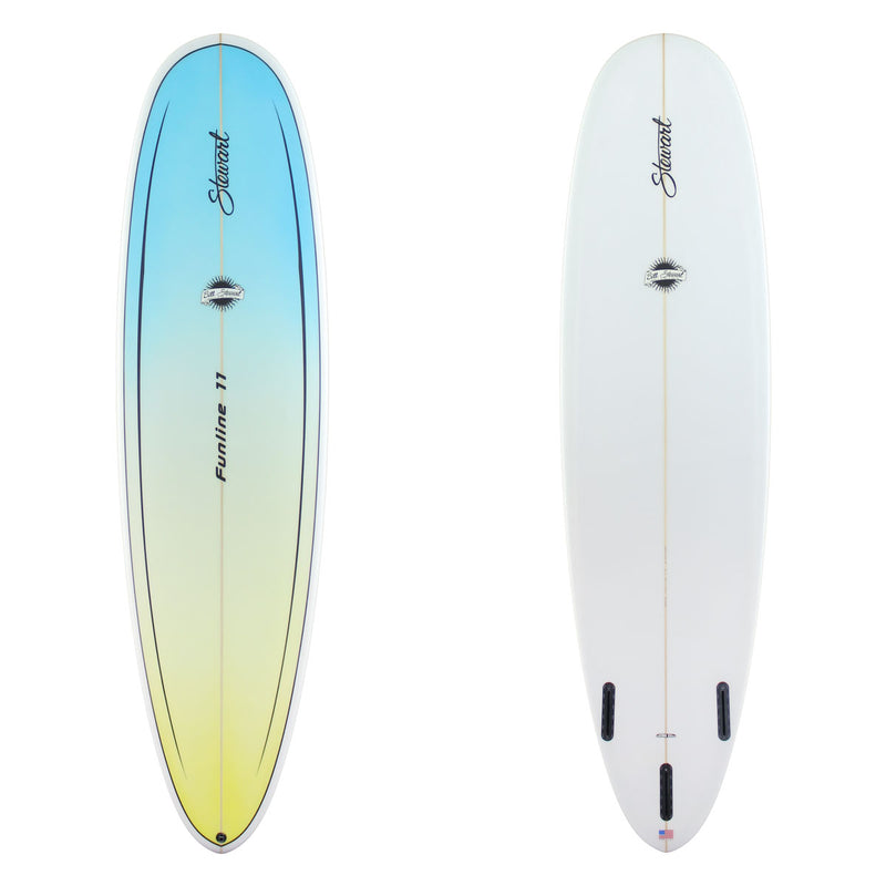 Stewart Midlength 7'0" Funline 11 (7'0", 22", 3") B#130100 Clear bottom with yellow to blue fade on deck. Black pinlines. Black Stewart and Bill Stewart Sun Logo. Sand Only.
