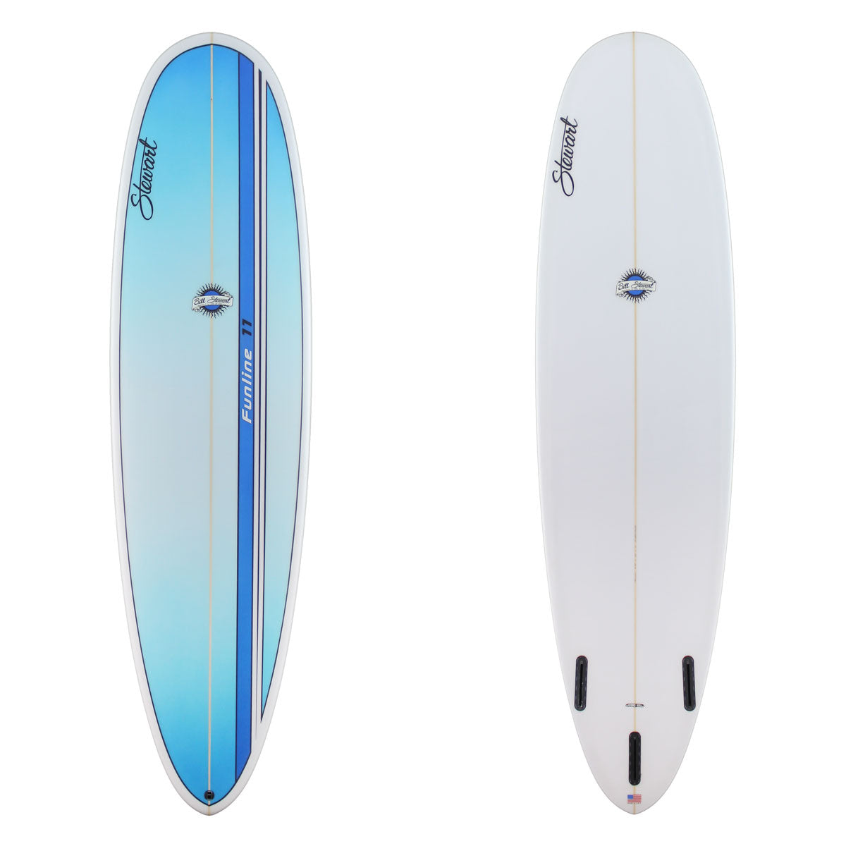Stewart Mid-Length 7'0" Funline 11 (7'0", 22", 3") B#130101 with a blue fade panel with a blue racing strip on the deck 