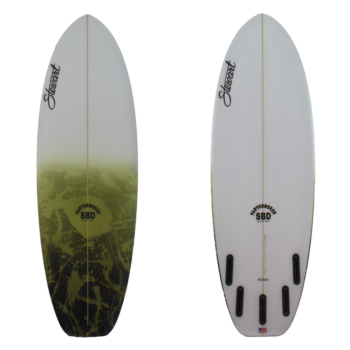 Deck and Bottom View of a stewart fartknocker with a green and black paint splash on the deck and a clear bottom sand finish 