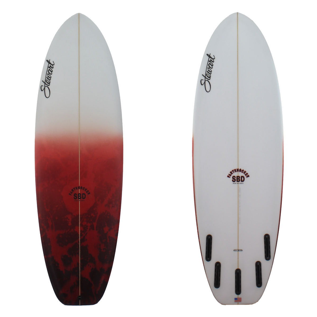 Deck and bottom view of a stewart fartknocker with a red and black paint splatter on the deck and a clear bottom sand finish 