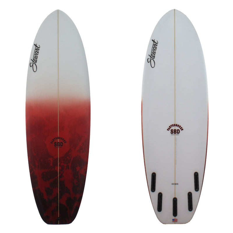 Deck and bottom view of a stewart fartknocker with a red and black paint splatter on the deck and a clear bottom sand finish