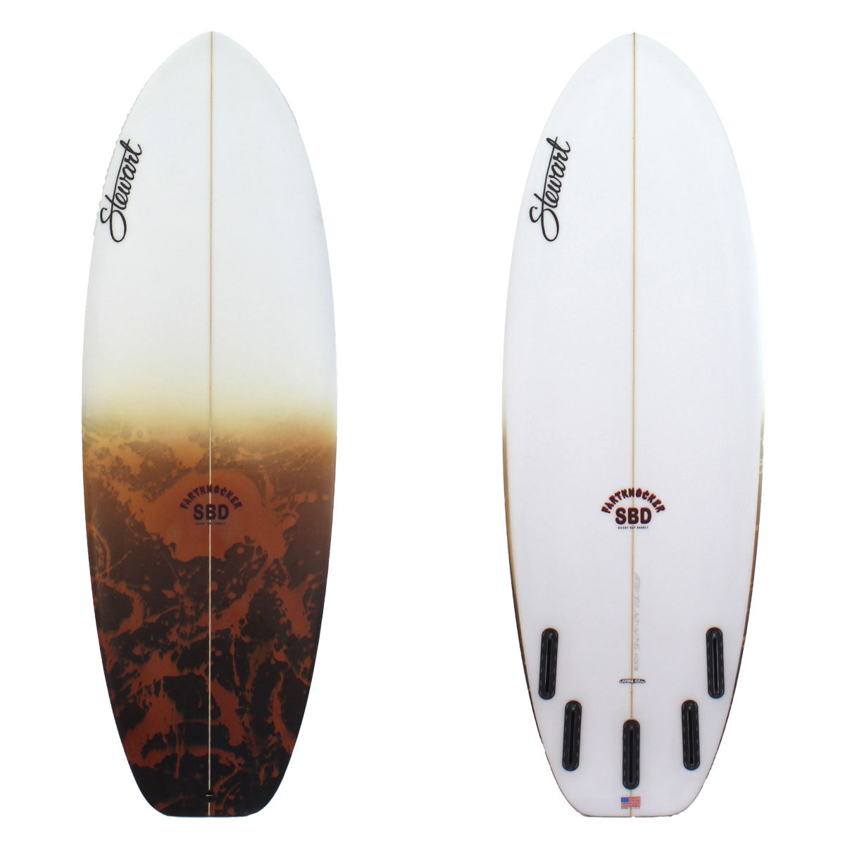 5'6" Fartknocker SBD (5'6", 20 1/2", 2 3/8") B#128341 with brown acid splash on the deck.  Sanded finish