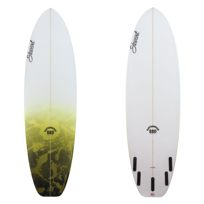 Deck and bottom view of stewart fartknocker short board with a green and black paint spray on the first quarter of the deck the rest is clear with  a sand finish 