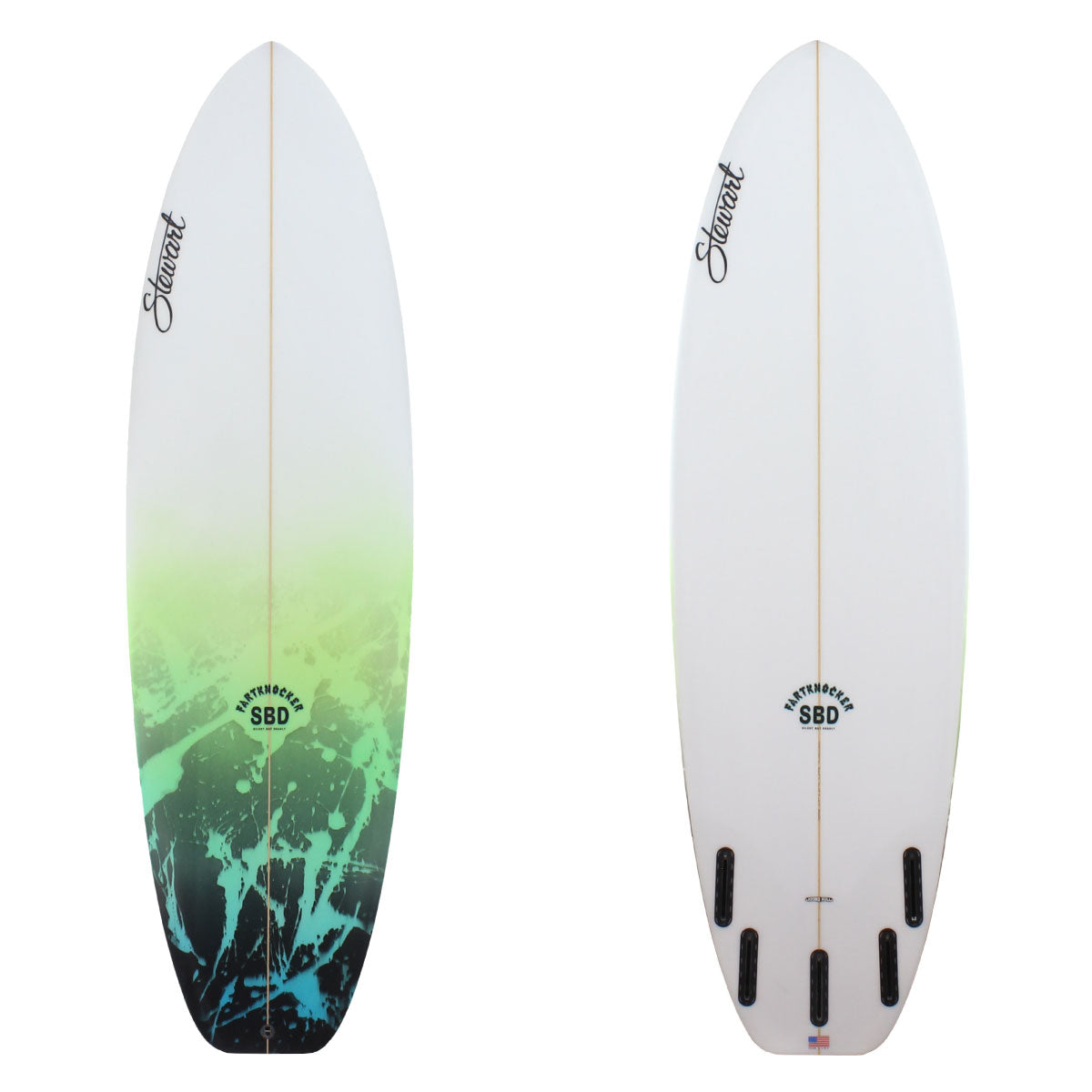 Deck and bottom view of stewart fartknocker short board with a blue, green, and black paint spray on the first quarter of the deck the rest is clear with  a sand finish 