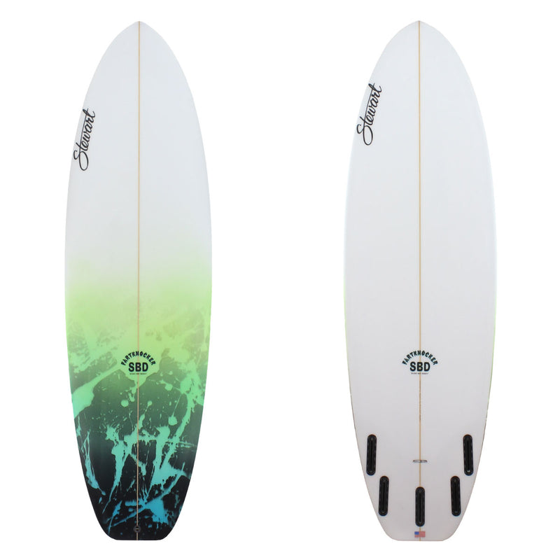 Deck and bottom view of stewart fartknocker short board with a blue, green, and black paint spray on the first quarter of the deck the rest is clear with  a sand finish 