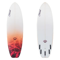 Stewart Fartknocker SBD 5'10" Poly Board number 128577.
The board has bright orange,red and black paint splatter color on the deck. The bottom has no color. The stewart logos are black.