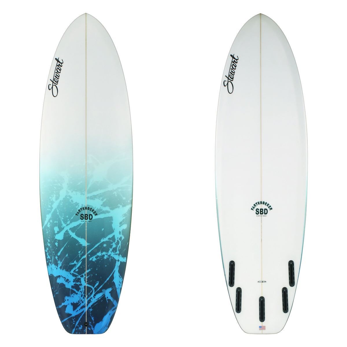 Stewart Surfboard 6'0" Fartknocker SBD (6'0", 21 1/4", 2 1/2") B#128608 with blue and light blue acid splash on the deck