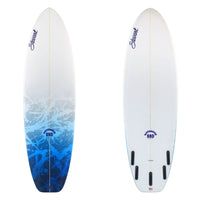 Two surfboards, one with a blue gradient and the other white, on a white background.