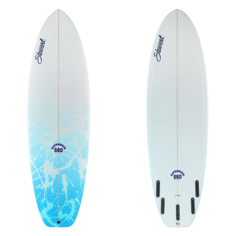 two surfboard images. the top has a blue and white abstract with black branding. the bottom is white with black branding.
