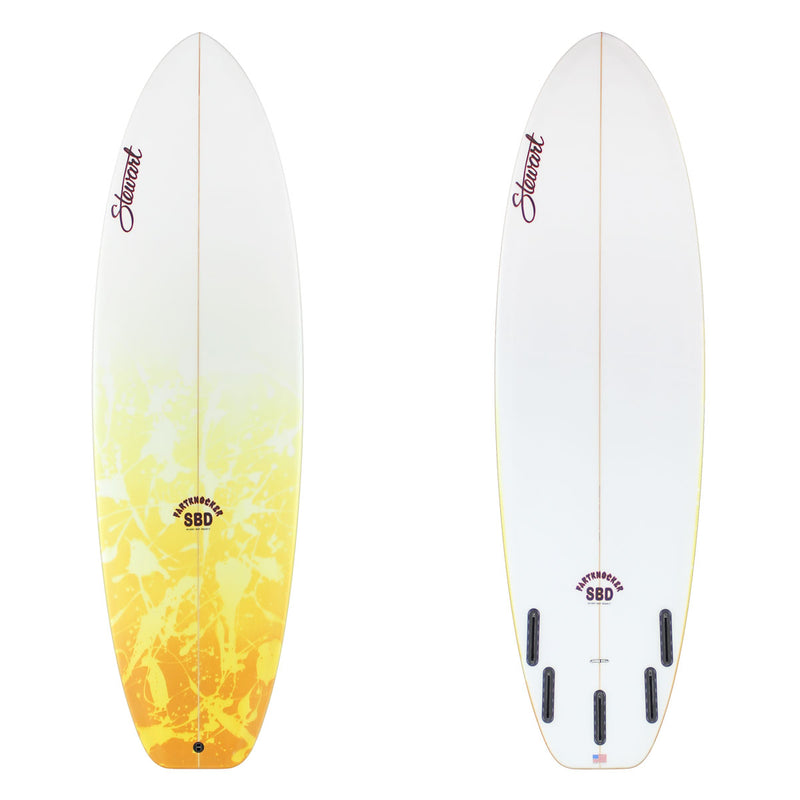 Two surfboards with a gradient design and branding on a white background