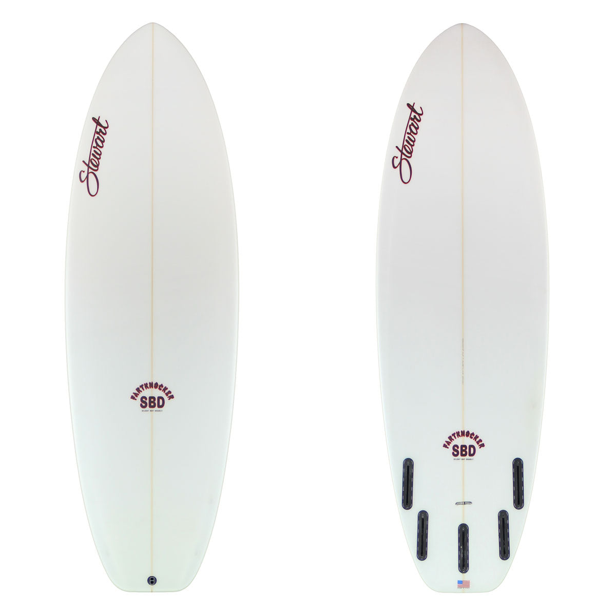 two images of a white surfboard with black branding