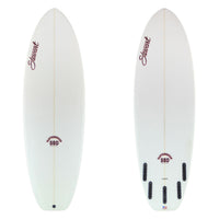 two images of a white surfboard with black branding