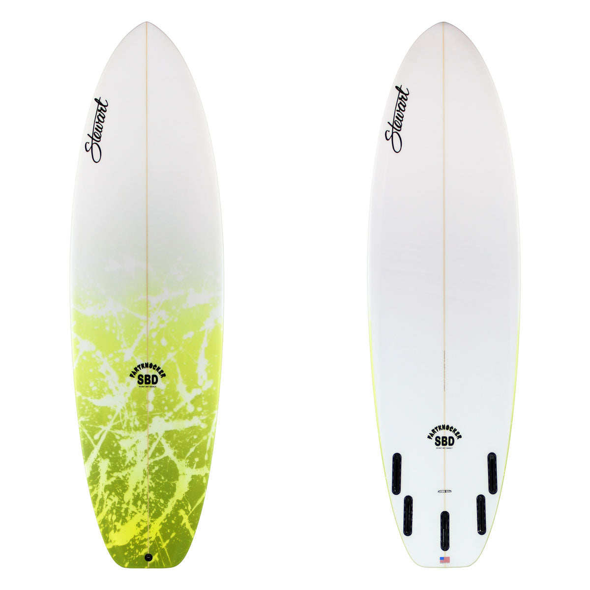 Stewart shortboard 6'2" Fartknocker SBD (6'2", 21 1/2", 2 5/8") B#129893 with a green acid splash on the lower deck 
