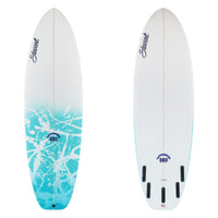 Stewart fart knocker sbd with a blue and white abstract deck and white bottom. There is black branding on both sides.