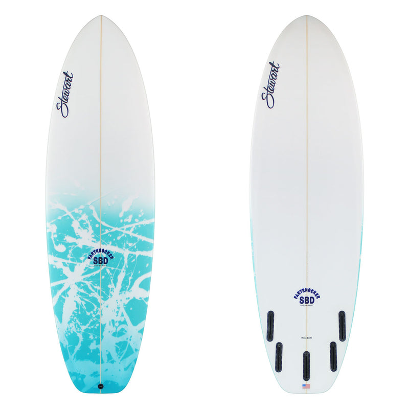 Stewart fart knocker sbd with a blue and white abstract deck and white bottom. There is black branding on both sides.