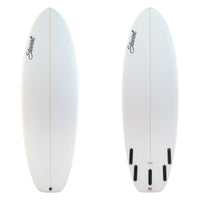 5'9" Fartknocker SBD (5'9", 21 7/8", 2 7/8") B#130215 Two images of white surfboard with black branding on both sides