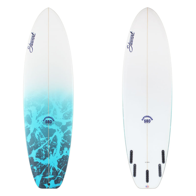 Two surfboards with a gradient design and brand logo on a white background