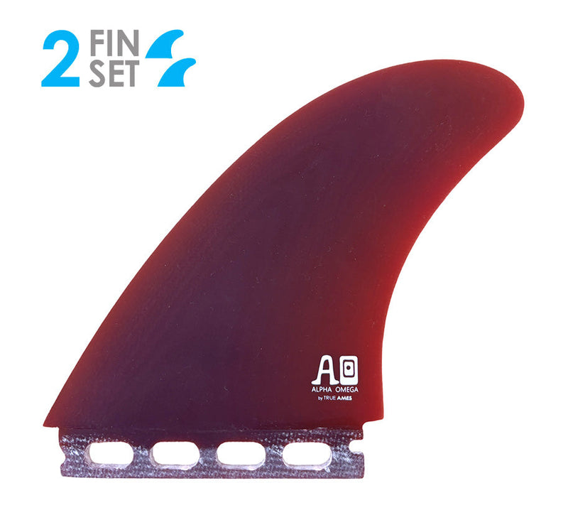 Red surf fin with Alpha Omega logo on a white background