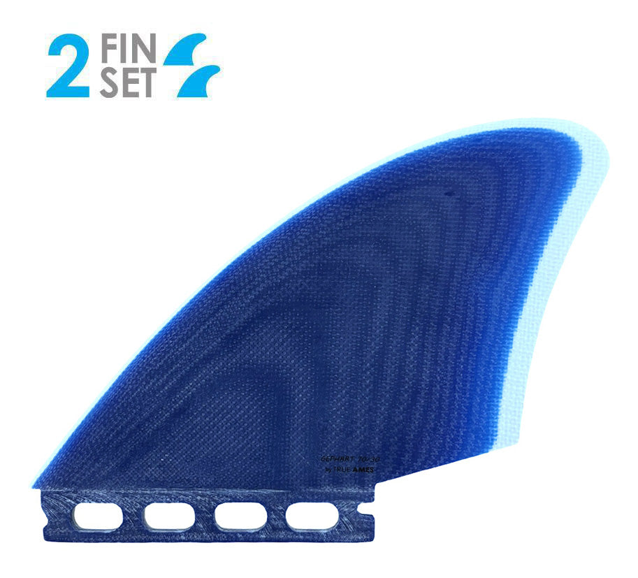 Blue surf fin with '2 Fin Set' text and logo on a white background
