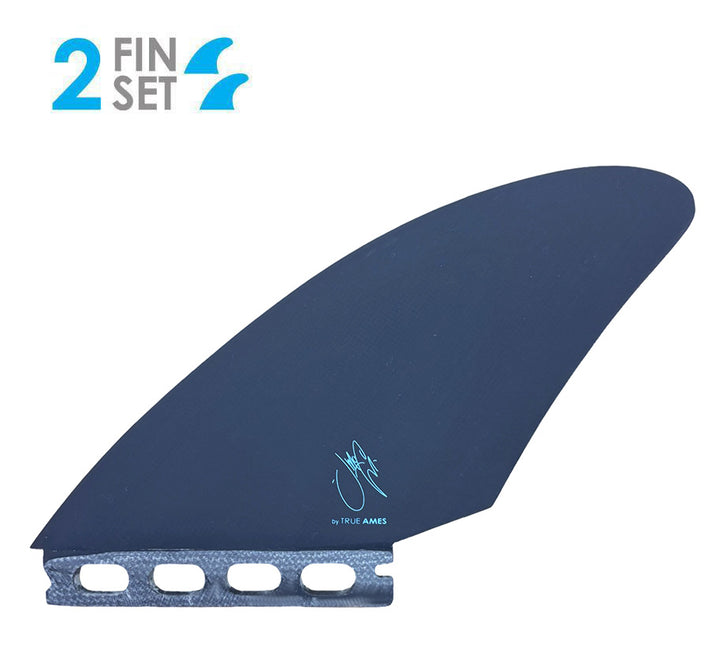 Blue surfboard fin with branding on a white background