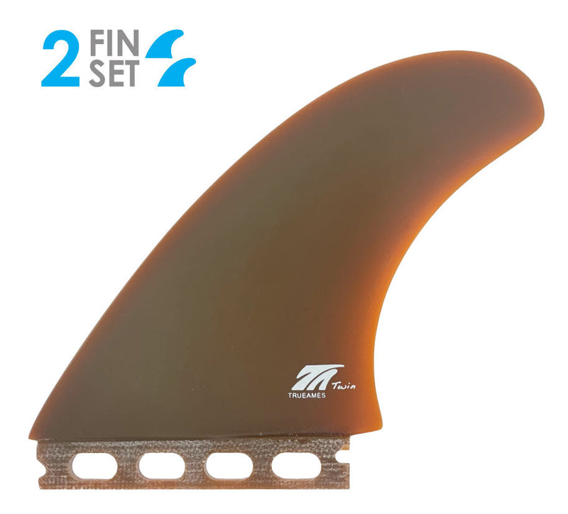 Orange surf fin with True Ames logo on a white background