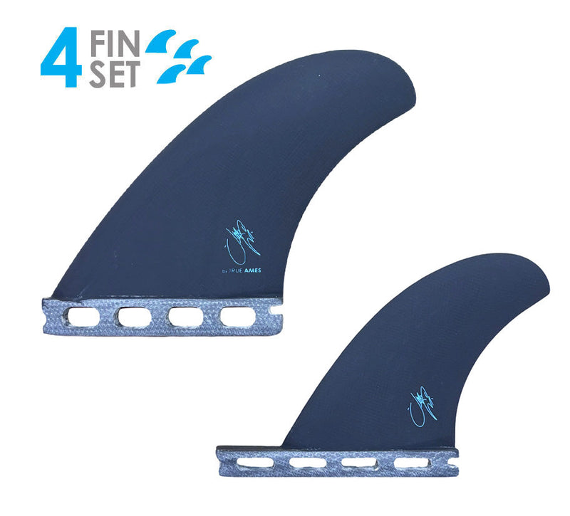 Two blue surfboard fins with a brand logo on a white background