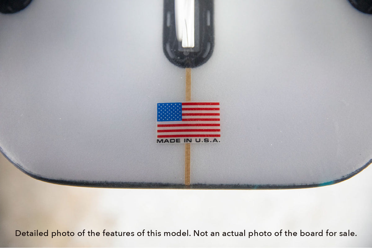 detail of the Made in the USA laminate on the tail of a Stewart Fartknocker SBD alternative shortboard surfboard