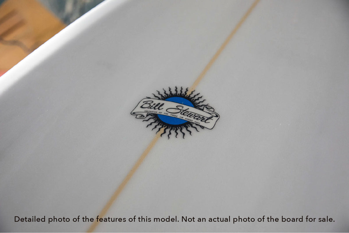 detail of the rail and logo of a Funline 11 midlength funboard surfboard