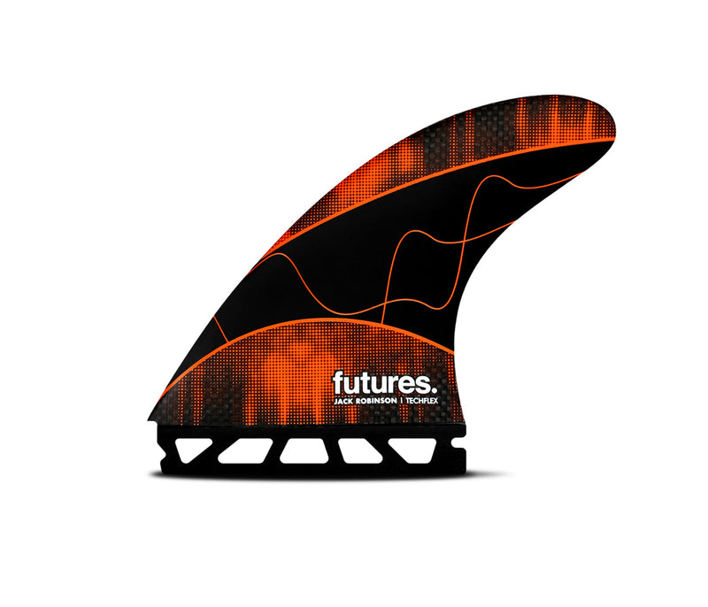 Black and orange surf fin with 'futures' branding on a white background
