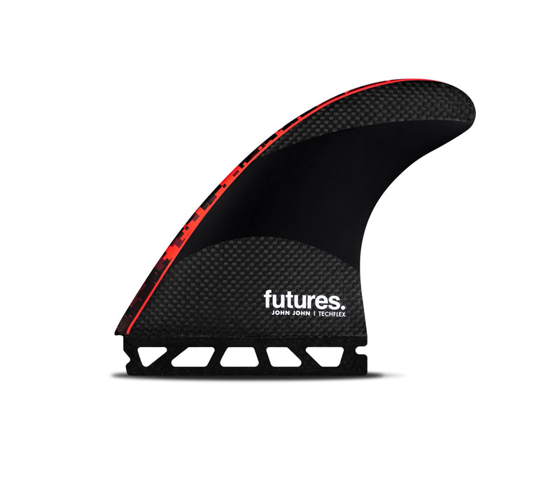 Black and red surfboard fin with 'futures' branding on a white background