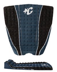 Blue and black textured surfboard tail pad with a logo on a white background