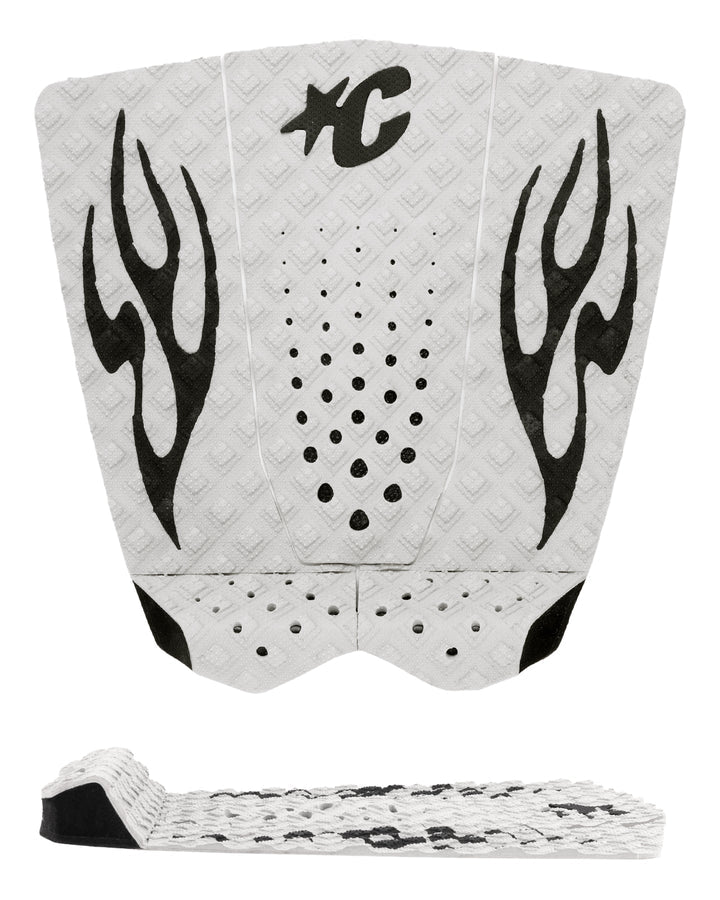 white traction pad with black logo and designs 