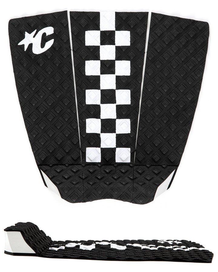 Black and white checkered surfboard tail pad with a strap on a white background
