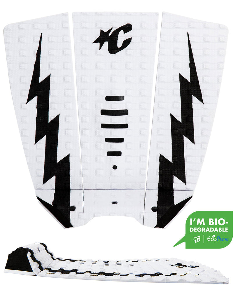 White surfboard fins with black designs and a visible brand logo on a white background.