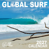 2027 Global Surf Calendar cover featuring a beach scene with a turquoise ocean wave, white surf, sandy shore, and driftwood. Large white text at the top reads 'GLOBAL SURF' and at the bottom right reads '2027 CALENDAR'.