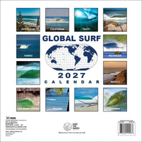 Global Surf 2027 Calendar cover featuring a central blue world map with the title 'GLOBAL SURF 2027 CALENDAR' and twelve ocean-wave photographs around it, labeled with locations such as Australia, California, Hawaii, Indonesia, Mexico, Panama, and Barbados.